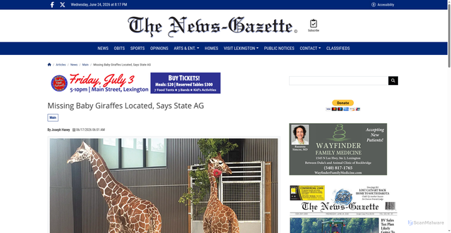 Security scan screenshot of https://www.thenews-gazette.com/article/14510,missing-baby-giraffes-located-says-state-ag