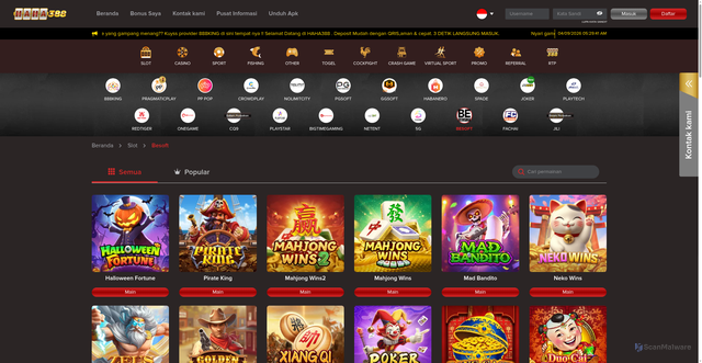 Security scan screenshot of https://haha388lucky.com/games/slot/besoft