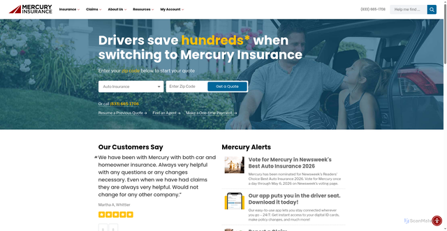 Security scan screenshot of https://mercuryinsurance.com