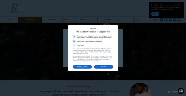 Security scan screenshot of https://www.rendyreviews.com/movie-reviews/marty-supreme-review
