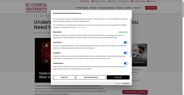 Security scan screenshot of https://www.eccu.edu/blog/data-breaches-threats-and-consequences/