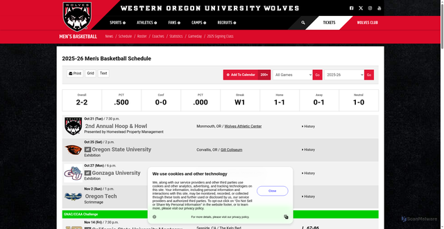 Security scan screenshot of https://wouwolves.com/sports/mens-basketball/schedule/2025-26