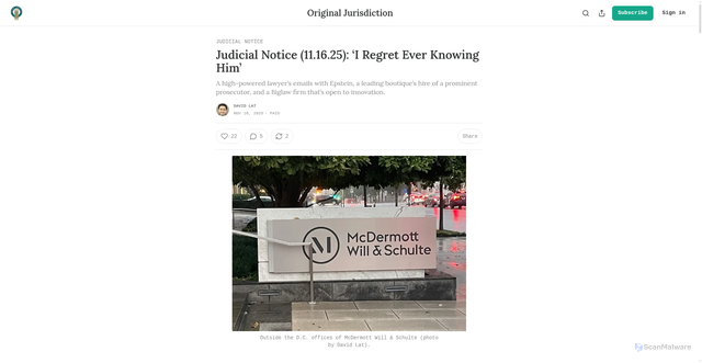 Security scan screenshot of https://davidlat.substack.com/p/kathy-ruemmler-jeffrey-epstein-emails-danielle-sassoon-clement-murphy