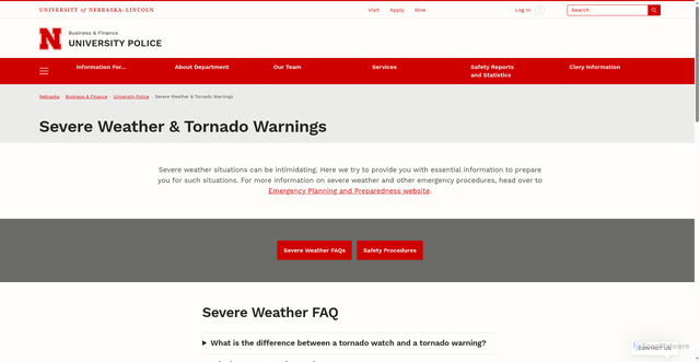 Security scan screenshot of https://police.unl.edu/severe-weather-tornado-warnings/