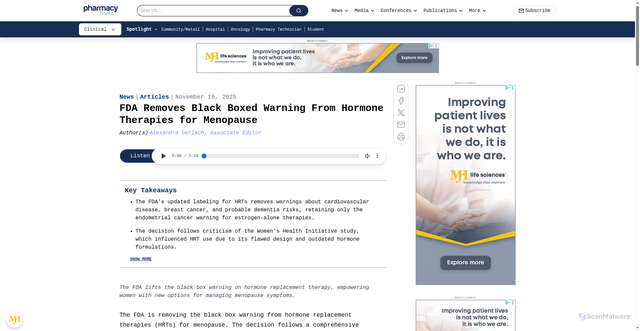 Security scan screenshot of https://www.pharmacytimes.com/view/fda-removes-black-boxed-warning-from-hormone-therapies-for-menopause