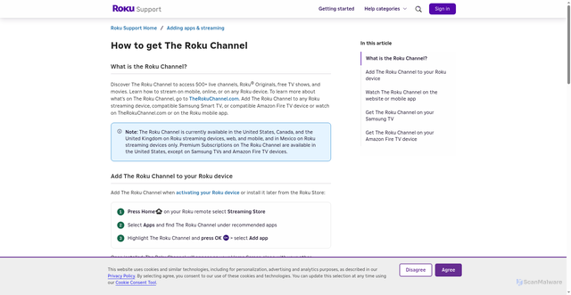 Security scan screenshot of https://support.roku.com/article/get-the-roku-channel