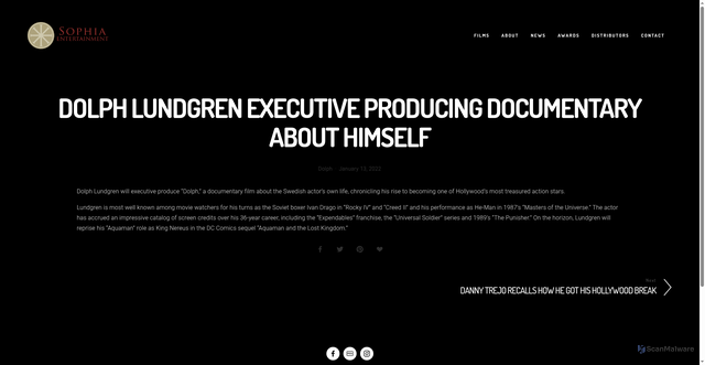Security scan screenshot of https://www.sophiaentertainment.com/news/dolph-lundgren-documentary-variety