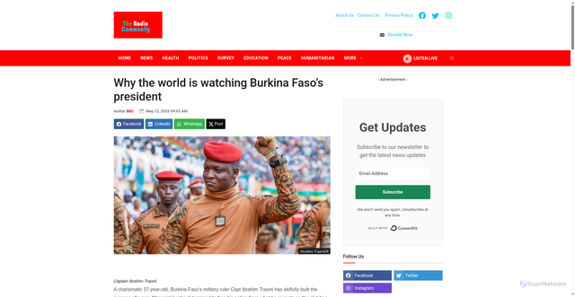Security scan screenshot of https://theradiocommunity.org/why-the-world-is-watching-burkina-fasos-president-4332