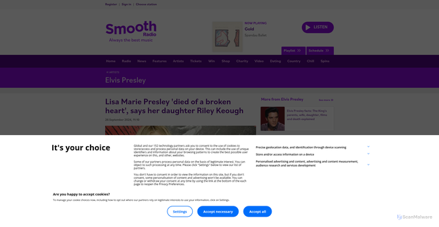 Security scan screenshot of https://www.smoothradio.com/artists/elvis-presley/lisa-marie-death-riley-keough/
