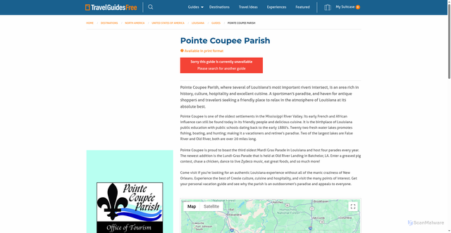 Security scan screenshot of https://travelguidesfree.com/destinations/north-america/usa/louisiana/guides/pointe-coupee-parish