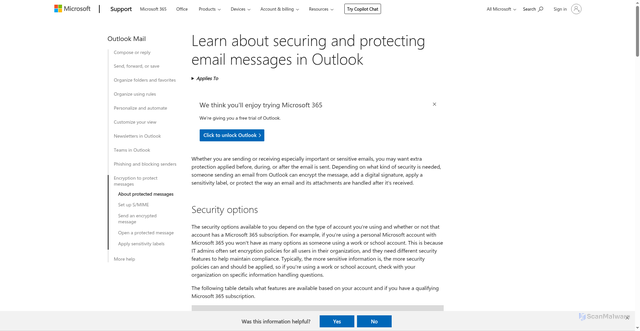 Security scan screenshot of https://support.microsoft.com/en-us/office/learn-about-securing-and-protecting-email-messages-in-outlook-2baf3ac7-12db-40a4-8af7-1852204b4b67