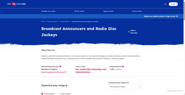 Security scan screenshot of https://www.mytexasfuture.org/career-explorer/broadcast-announcers-and-radio-disc-jockeys/