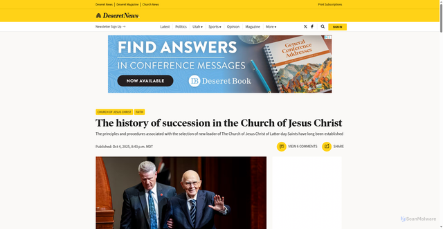 Security scan screenshot of https://www.deseret.com/faith/2025/10/04/the-history-of-succession-in-the-church-of-jesus-christ/