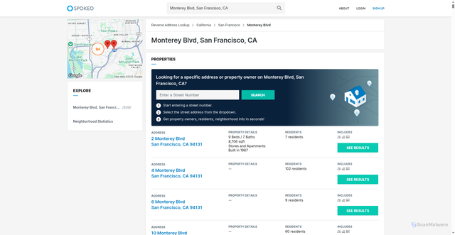 Security scan screenshot of https://www.spokeo.com/Monterey+Blvd+San+Francisco+CA+addresses