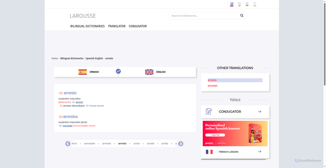 Security scan screenshot of https://www.larousse.com/en/dictionaries/spanish-english/arresto/3141