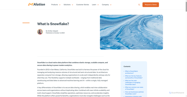 Security scan screenshot of https://www.alation.com/blog/what-is-snowflake-features-benefits-use-cases/