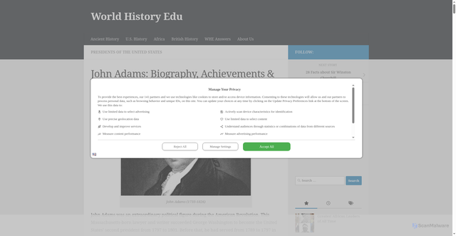 Security scan screenshot of https://worldhistoryedu.com/john-adams-americas-first-vice-president/