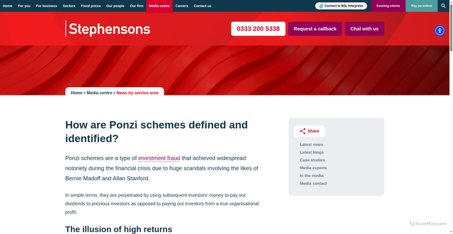 Security scan screenshot of https://www.stephensons.co.uk/site/news_and_events/servicenews/ponzi_schemes