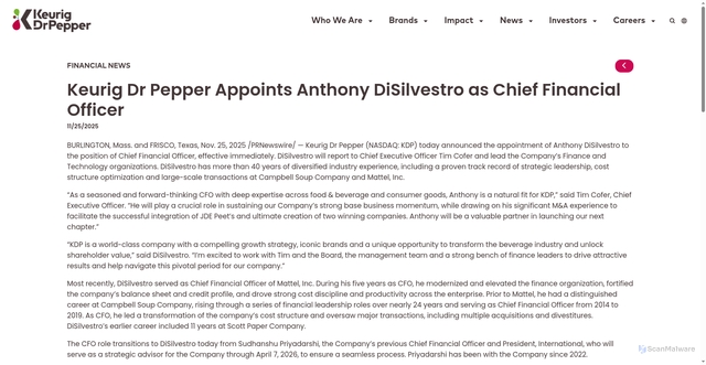 Security scan screenshot of https://www.keurigdrpepper.com/keurig-dr-pepper-appoints-anthony-disilvestro-as-chief-financial-officer/