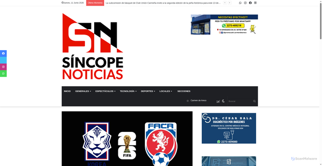 Security scan screenshot of https://sincopenoticias.com.ar/articulo/corea-del-sur-vs.-republica-checa-por-el-mundial-2026-hora-como-ver-y-probables-formaciones.php