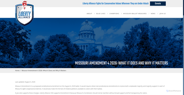 Security scan screenshot of https://libertyallianceusa.com/amendment-4-missouri-2026/
