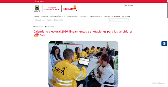 Security scan screenshot of https://www.integracionsocial.gov.co/index.php/noticias/116-otras-noticias/7722-calendario-electoral-2026-lineamientos-y-anotaciones-para-los-servidores-publicos