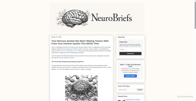 Security scan screenshot of https://neurobriefs.pages.dev/2026/03/your-nervous-system-has-been-helping-tumors-hide-f