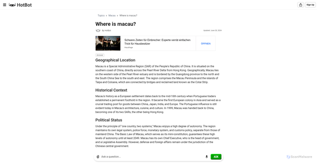 Security scan screenshot of https://www.hotbot.com/answers/where-is-macau
