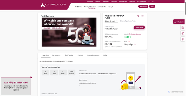Security scan screenshot of https://www.axismf.com/mutual-funds/index-funds/axis-nifty-50-index-fund/n5-dg/direct