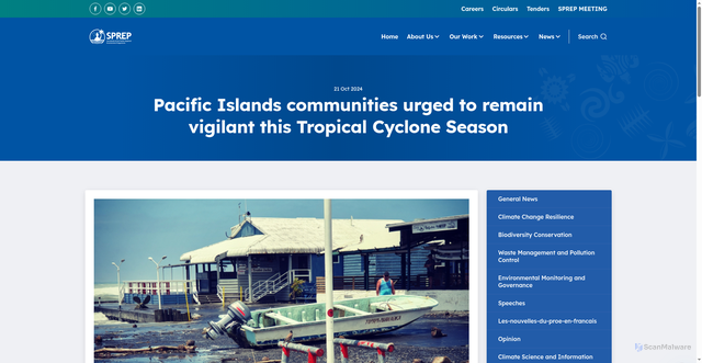 Security scan screenshot of https://sprep.org/news/pacific-islands-communities-urged-to-remain-vigilant-this-tropical-cyclone-season