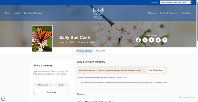 Security scan screenshot of https://www.angelscremation.com/obituaries/Sally-Sue-Cash?obId=33489159