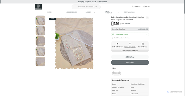 Security scan screenshot of https://handloomclothstore.com/Beige-Kota-Cotton-Embroidered-Suit-Set-With-Dupatta-For-Womens/catalogue/tb1tIoTU/kQM4d2TE