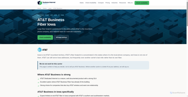 Security scan screenshot of https://businessinternetlocator.com/iowa/carriers/att/