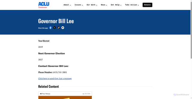 Security scan screenshot of https://www.aclu-tn.org/governor-bill-lee/