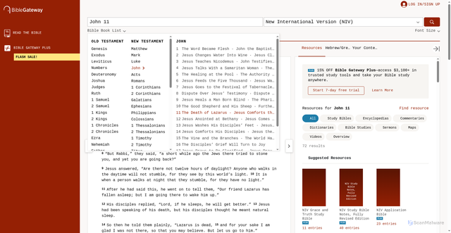 Security scan screenshot of https://www.biblegateway.com/passage/?search=John+11&version=NIV