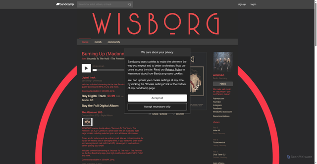 Security scan screenshot of https://wisborg.bandcamp.com/track/burning-up-madonna-cover