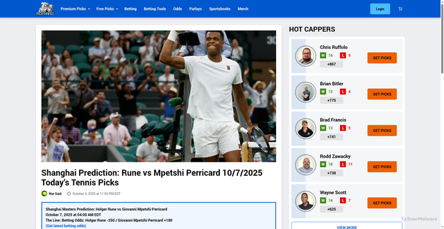 Security scan screenshot of https://pickdawgz.com/tennis-picks/shanghai-prediction-rune-vs-mpetshi-perricard-10-7-2025-todays-tennis-picks/