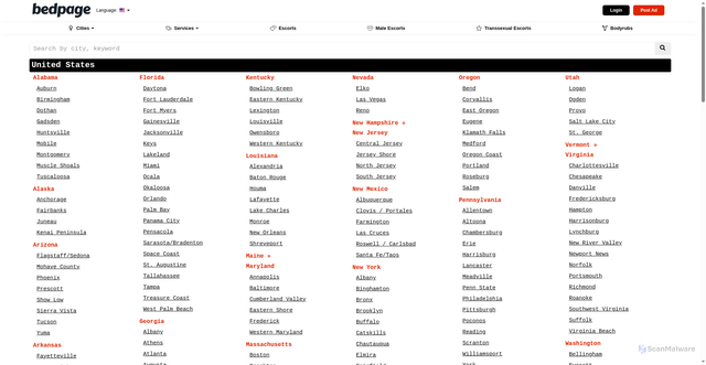 Security scan screenshot of https://bedpage.com