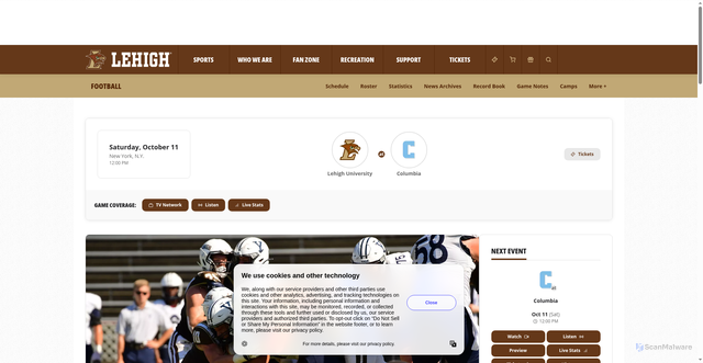 Security scan screenshot of https://lehighsports.com/news/2025/10/7/football-no-7-8-mountain-hawks-close-out-ivy-stretch-saturday-at-columbia