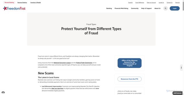 Security scan screenshot of https://www.freedomfirst.com/security/fraud-types