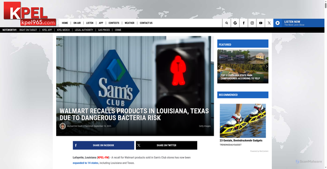 Security scan screenshot of https://kpel965.com/walmart-recall-louisiana-texas-bacteria/