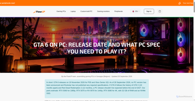 Security scan screenshot of https://www.flowup.shop/en_GB/blog/jeux-9/gta-6-what-pc-spec-will-you-need-to-play-it-291