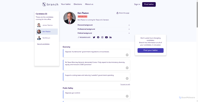 Security scan screenshot of https://www.branch.vote/races/2026-texas-general-election-tx-state-us-senator-tx-state/candidates/ken-paxton