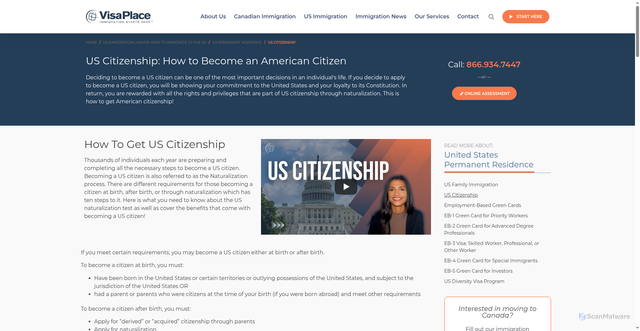 Security scan screenshot of https://www.visaplace.com/usa-immigration/permanent-residence-green-card/citizenship/