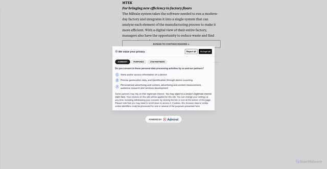 Security scan screenshot of https://www.fastcompany.com/90696356/best-smart-machine-innovations#mtek