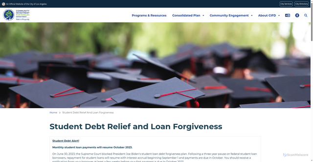 Security scan screenshot of https://communityinvestment.lacity.gov/student-debt-relief-and-loan-forgiveness