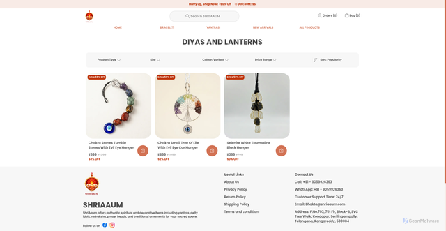 Security scan screenshot of https://shriaaum.store/DIYAS-AND-LANTERNS/collection/1_pGATQm