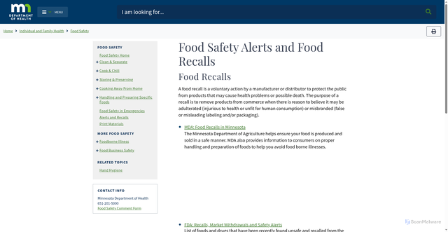 Security scan screenshot of https://www.health.state.mn.us/people/foodsafety/alert.html