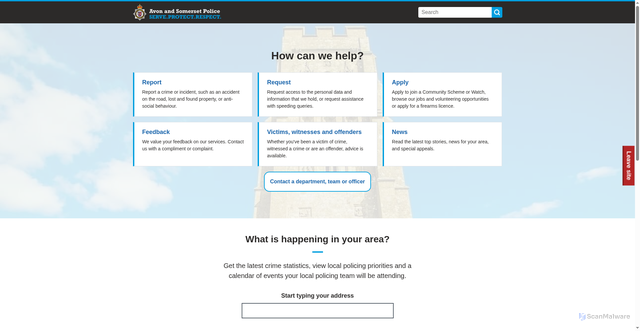 Security scan screenshot of https://www.avonandsomerset.police.uk:443/