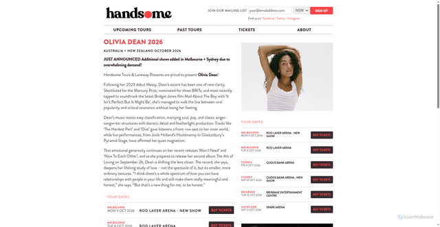 Security scan screenshot of https://www.handsometours.com/tours/olivia-dean-2026/